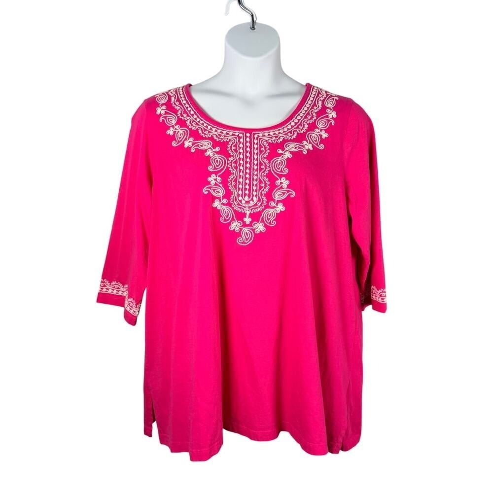 Woman‎ Within Tunic Top 1X 22/24 Hot Pink Embroidered Paisley Cotton 3/4 Sleeve